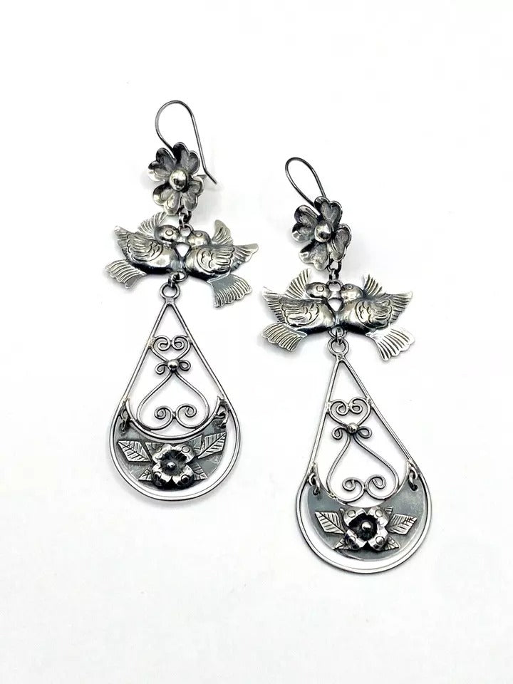 Federico Jimenez Dangle Earrings Sterling Silver "Frida's Doves" Native American