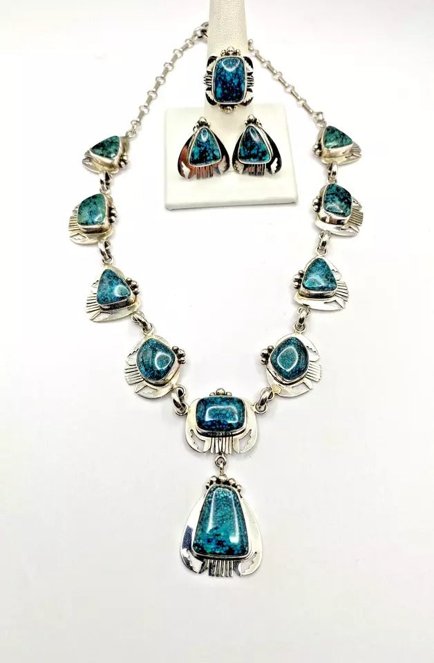 VTG Sterling Spiderweb Turquoise Necklace Ring Earring Set Navajo Lee Bennett