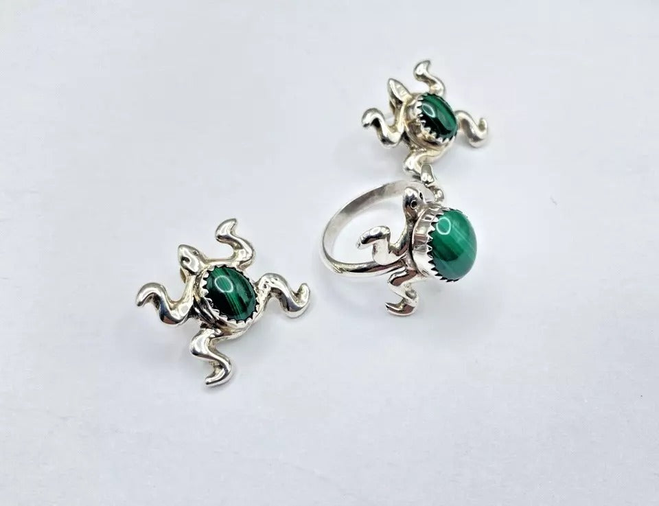 Sterling Silver Malachite Ring Earring Set Frog Figurine SZ 6.5 Native American