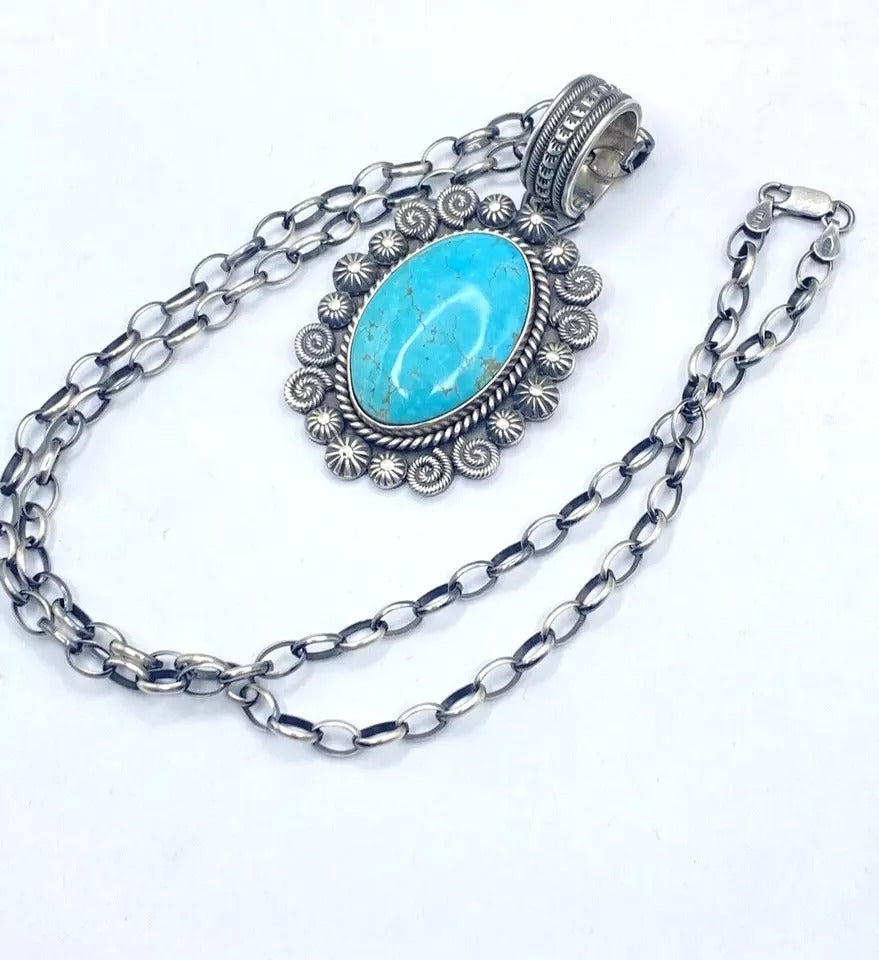 Contemporary Turquoise Pendant Sterling Silver Heavy Gauge Navajo Calladitto