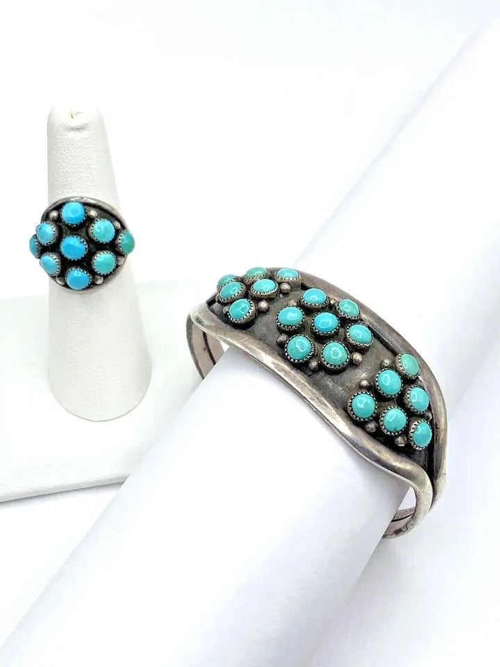 Vintage Zuni Sterling Silver Turquoise Dot Ring Bracelet Set SZ 7 C&L Mahooty