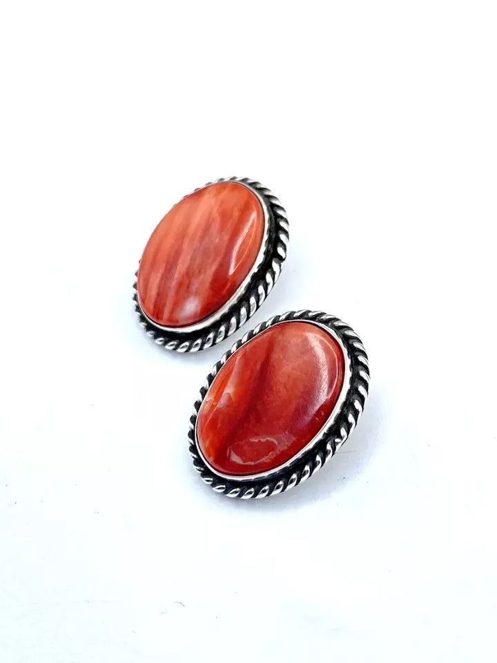 Vintage Spiny Oyster Shell Earrings Sterling Silver CLIP ON Native American