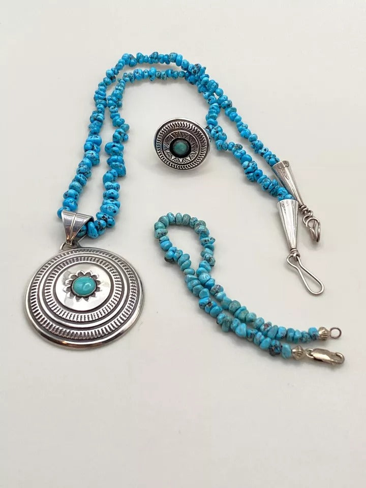 VTG Turquoise Nugget Sterling Bracelet Pendant Ring Set SZ 7 Rocking Horse Ranch
