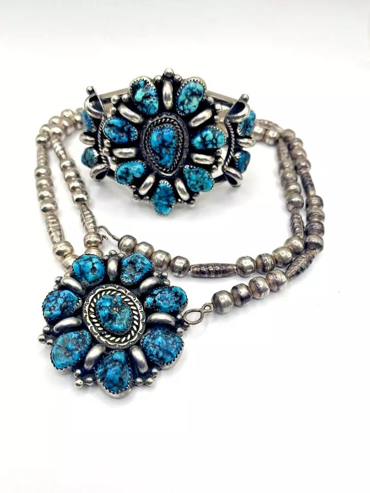 VTG Sterling Kingman Turquoise Nugget Cluster Bracelet Necklace Set Navajo