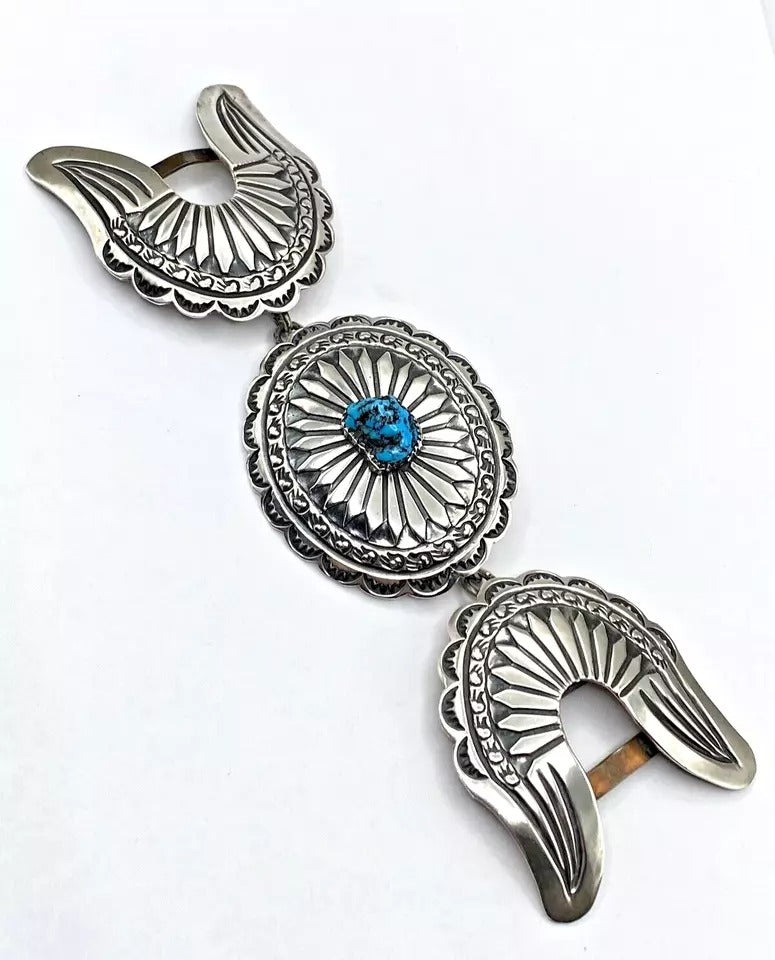 Vintage Retro 3 Piece Belt Buckle Set Sterling Silver Turquoise Navajo Signed