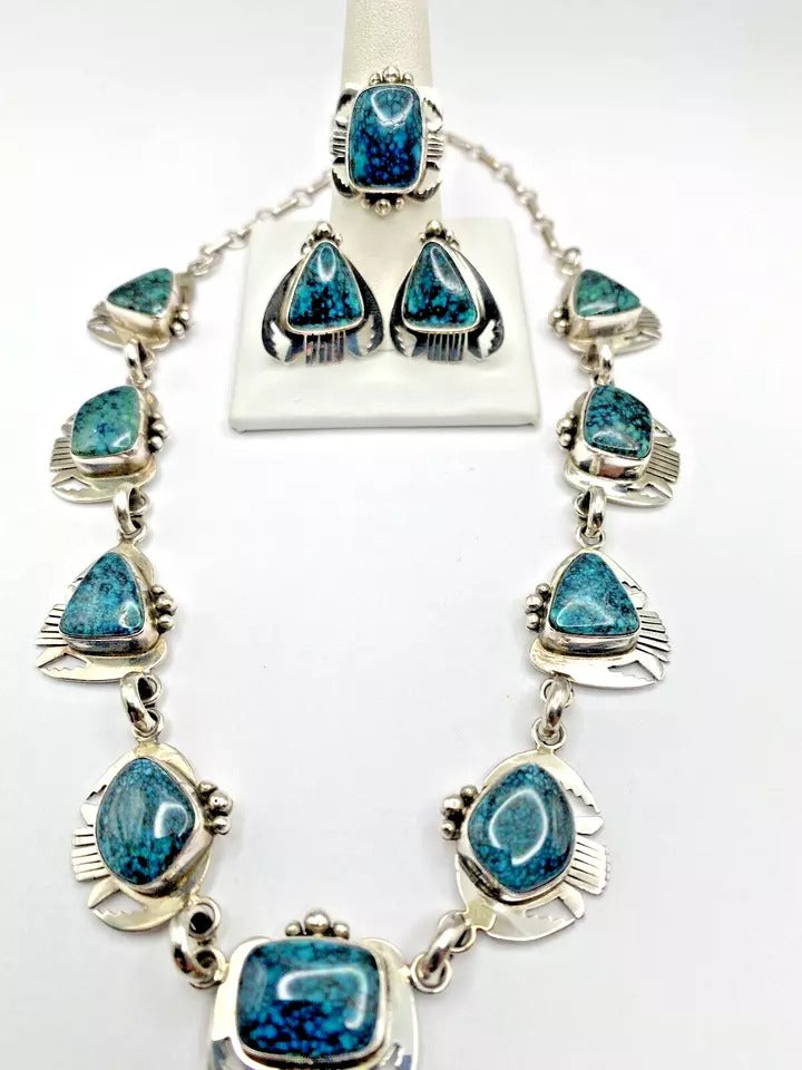 VTG Sterling Spiderweb Turquoise Necklace Ring Earring Set Navajo Lee Bennett