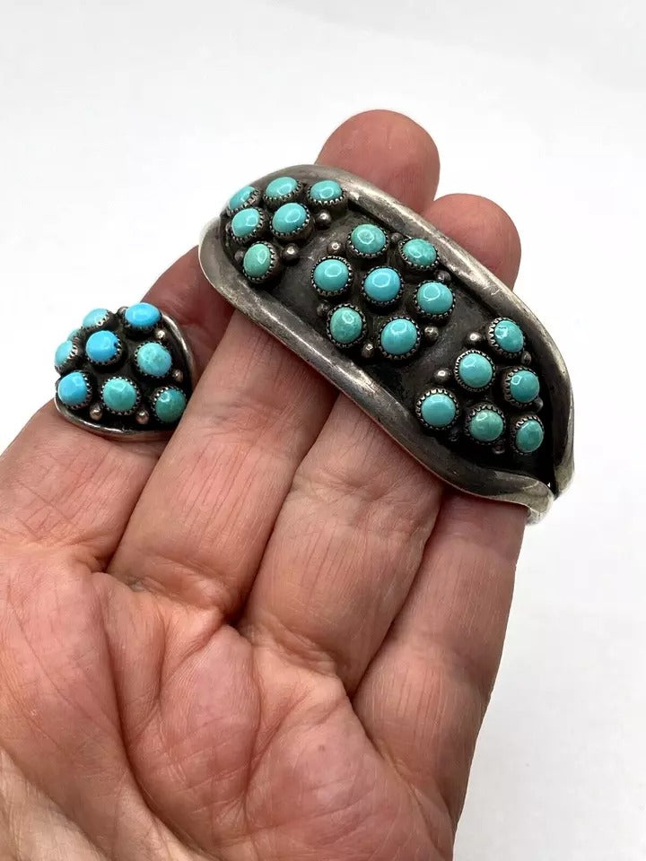 Vintage Zuni Sterling Silver Turquoise Dot Ring Bracelet Set SZ 7 C&L Mahooty