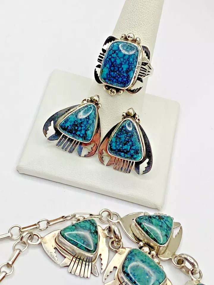 VTG Sterling Spiderweb Turquoise Necklace Ring Earring Set Navajo Lee Bennett