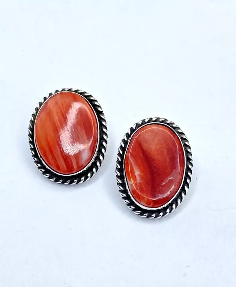 Vintage Spiny Oyster Shell Earrings Sterling Silver CLIP ON Native American