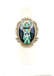 VTG Zuni Sterling Kachina Ring Raised Inlay SZ 8 Turquoise Jet MOP Signed Pinto