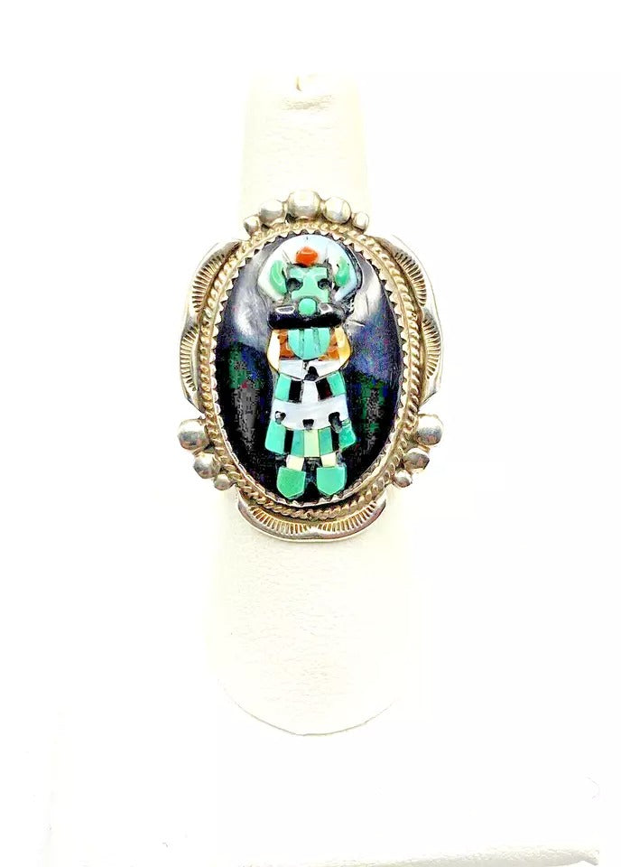 VTG Zuni Sterling Kachina Ring Raised Inlay SZ 8 Turquoise Jet MOP Signed Pinto