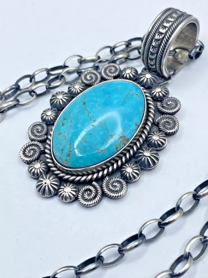 Contemporary Turquoise Pendant Sterling Silver Heavy Gauge Navajo Calladitto