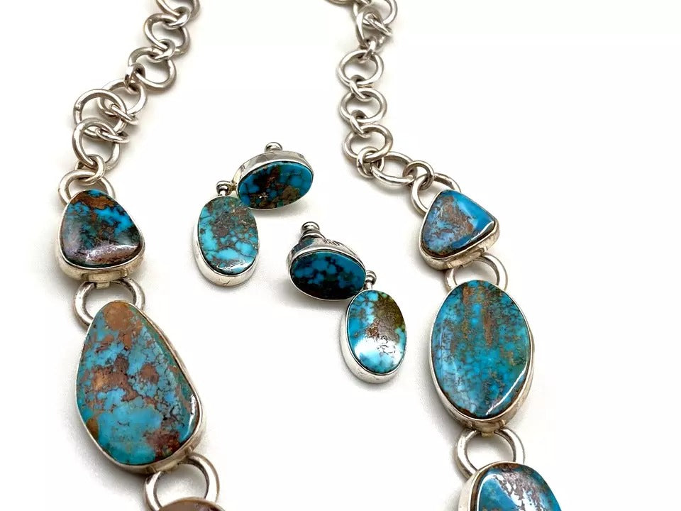 Pilot Mountain Turquoise Sterling Necklace Earring Set Statement J. Piaso Navajo
