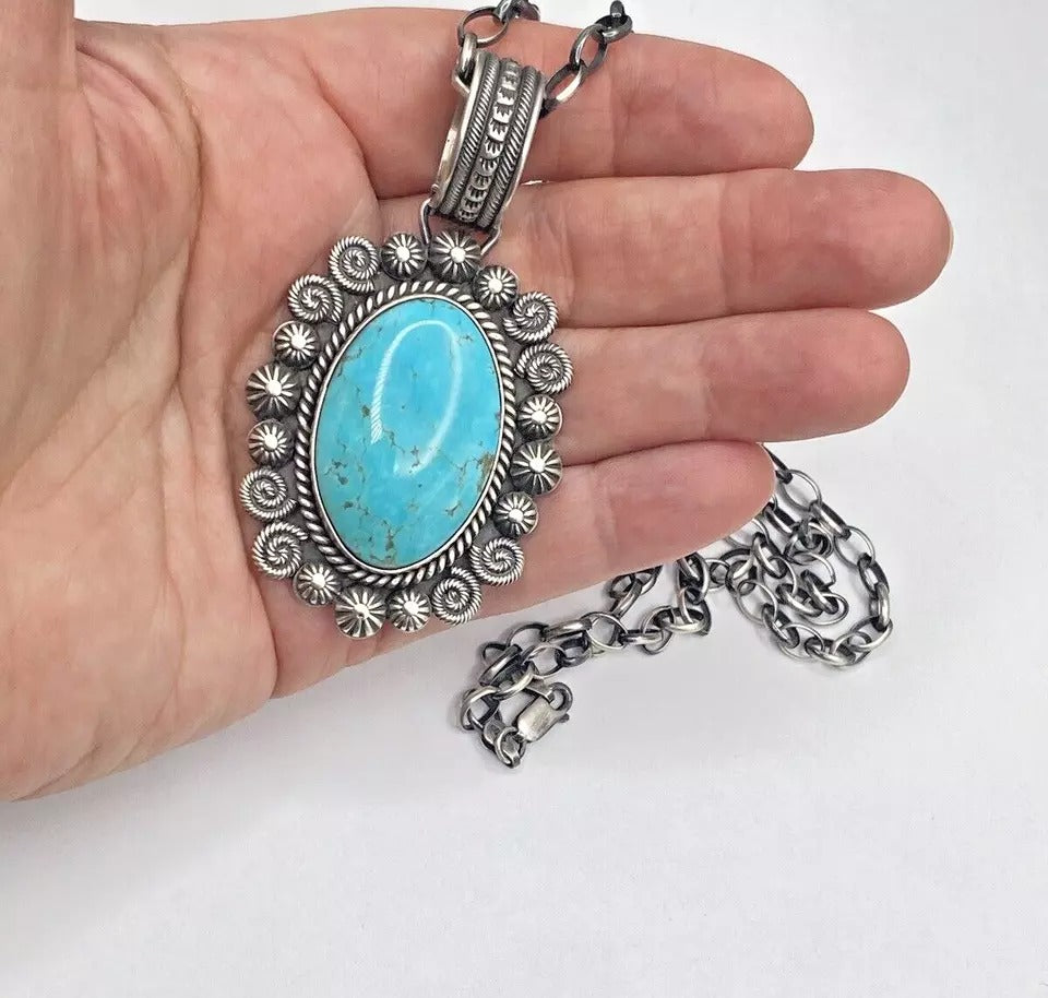 Contemporary Turquoise Pendant Sterling Silver Heavy Gauge Navajo Calladitto
