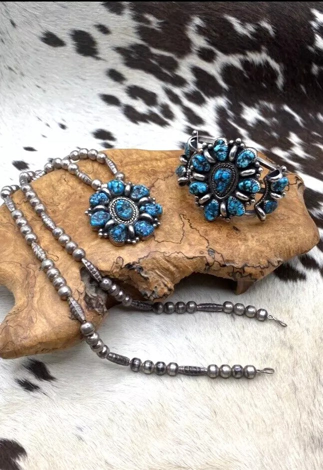 VTG Sterling Kingman Turquoise Nugget Cluster Bracelet Necklace Set Navajo