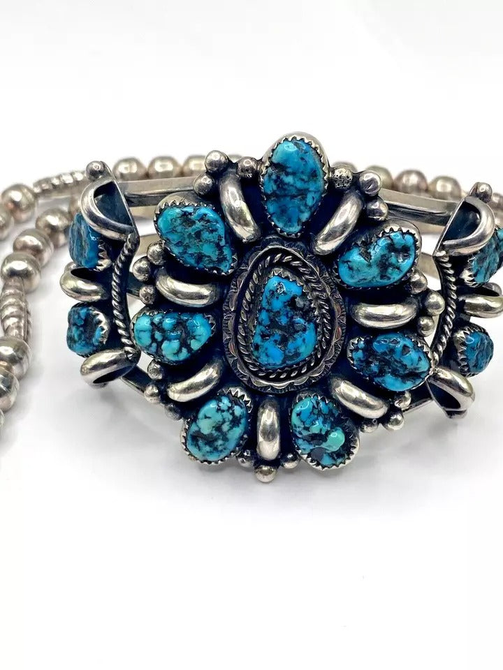 VTG Sterling Kingman Turquoise Nugget Cluster Bracelet Necklace Set Navajo
