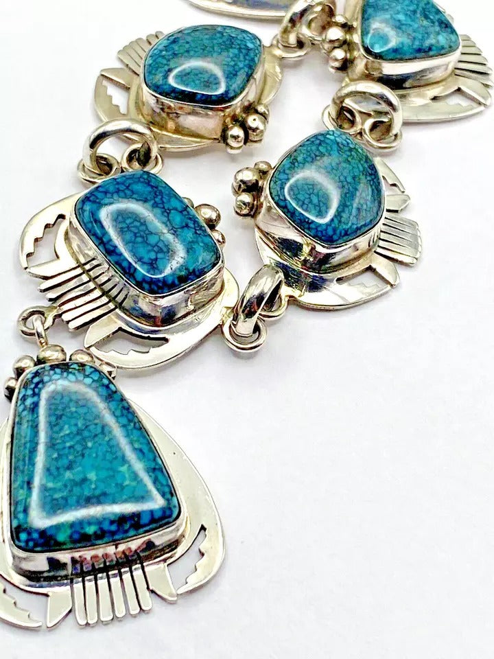 VTG Sterling Spiderweb Turquoise Necklace Ring Earring Set Navajo Lee Bennett