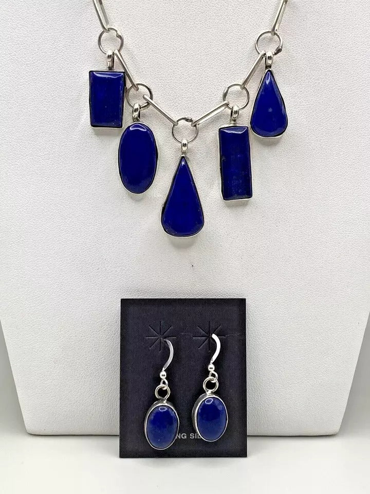 Lapis 5-Pendant Necklace Earring Set Handmade Chain 25" Navajo Native American