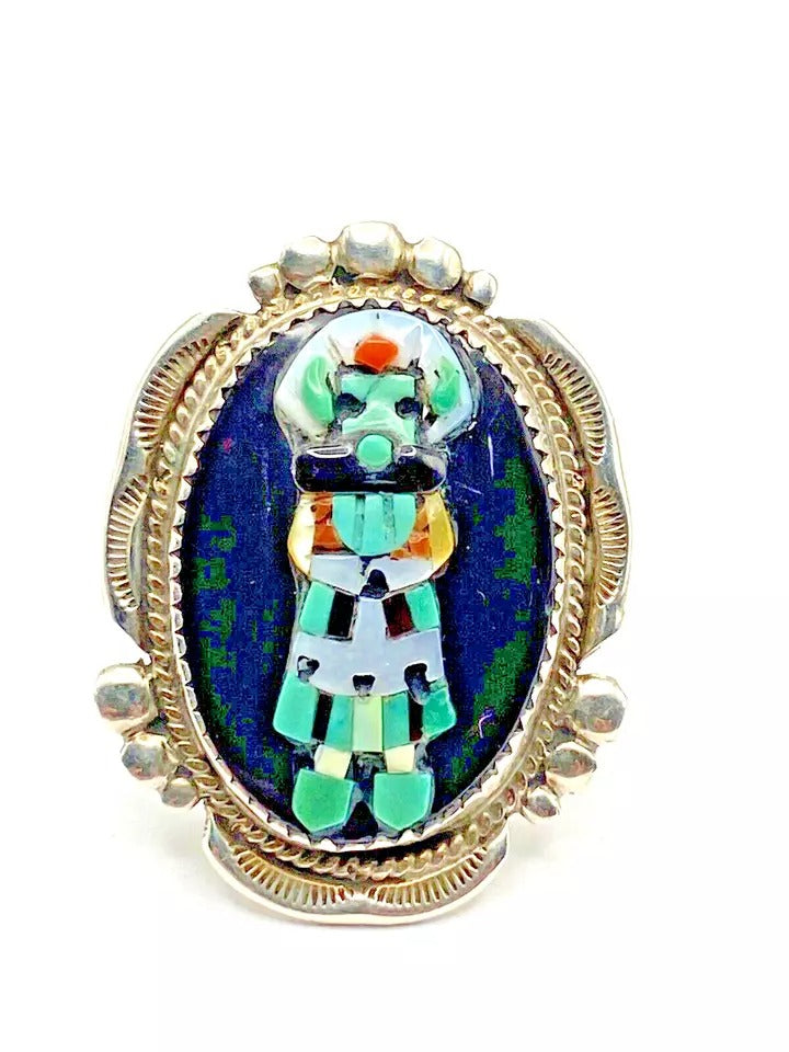 VTG Zuni Sterling Kachina Ring Raised Inlay SZ 8 Turquoise Jet MOP Signed Pinto