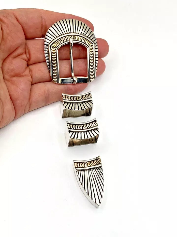VTG Sterling 4-Piece Ranger Set Belt Buckle 14K Overlay Native American Signed