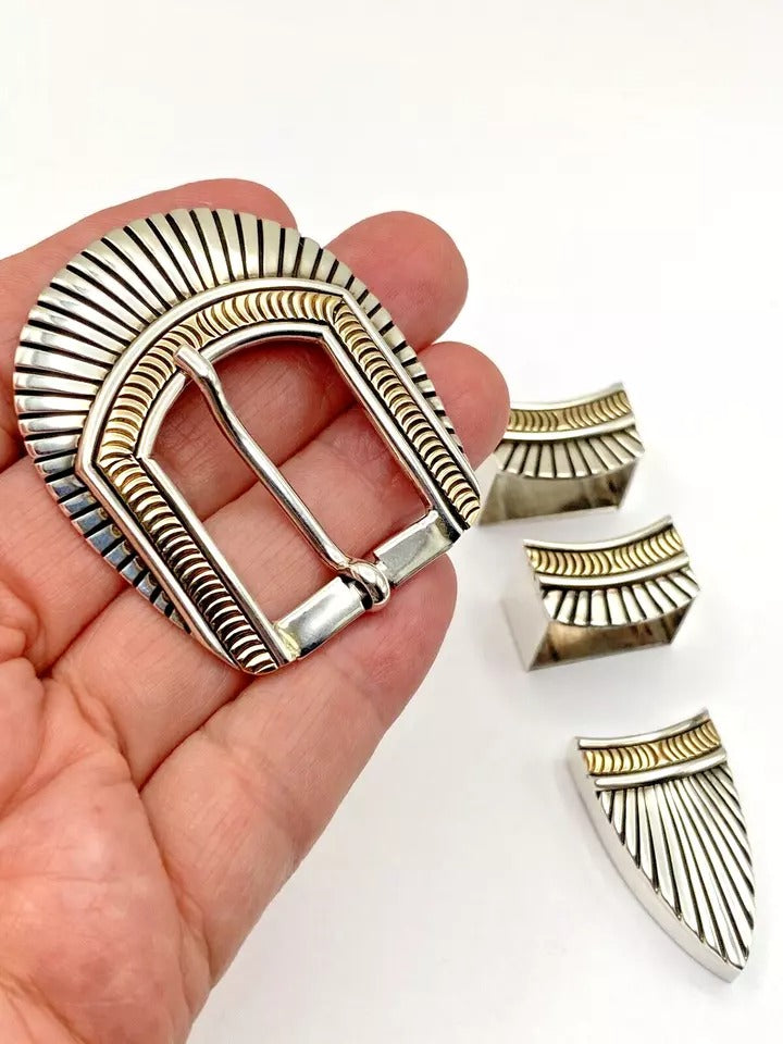 VTG Sterling 4-Piece Ranger Set Belt Buckle 14K Overlay Native American Signed