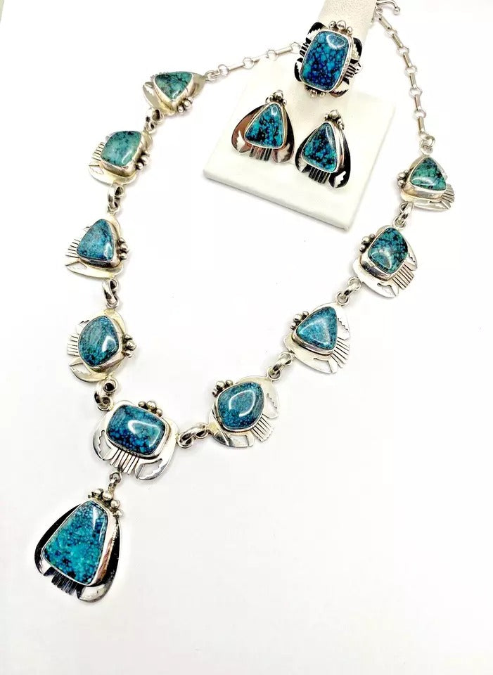 VTG Sterling Spiderweb Turquoise Necklace Ring Earring Set Navajo Lee Bennett