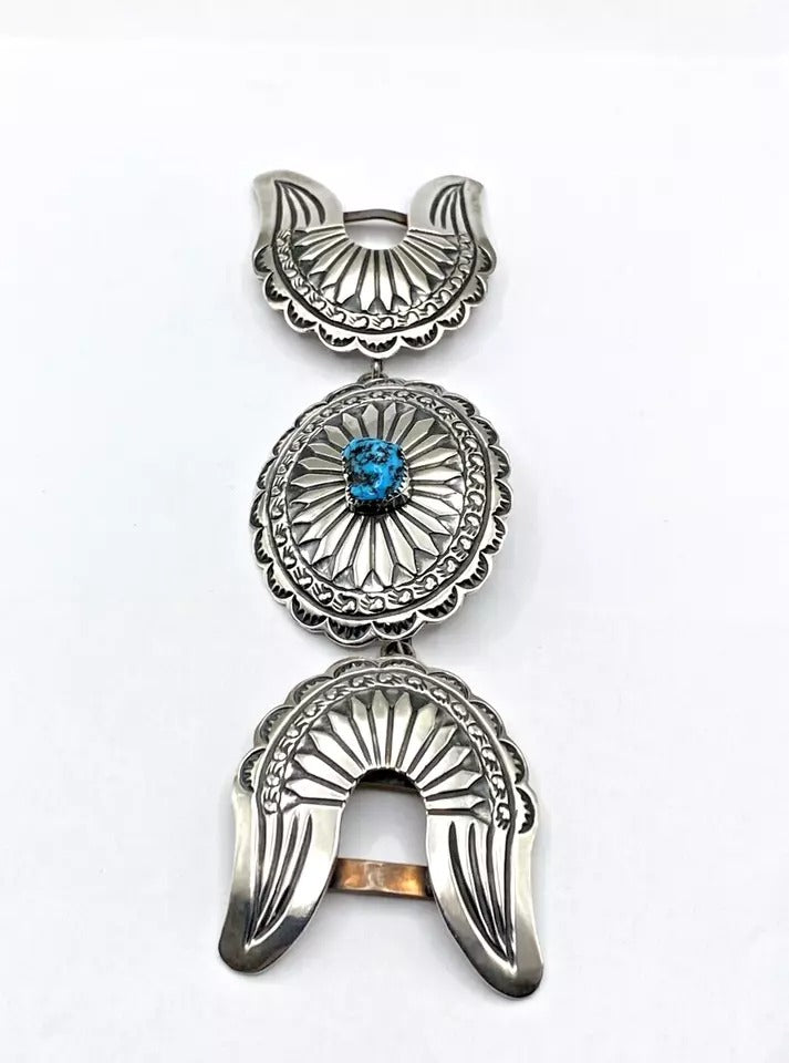 Vintage Retro 3 Piece Belt Buckle Set Sterling Silver Turquoise Navajo Signed