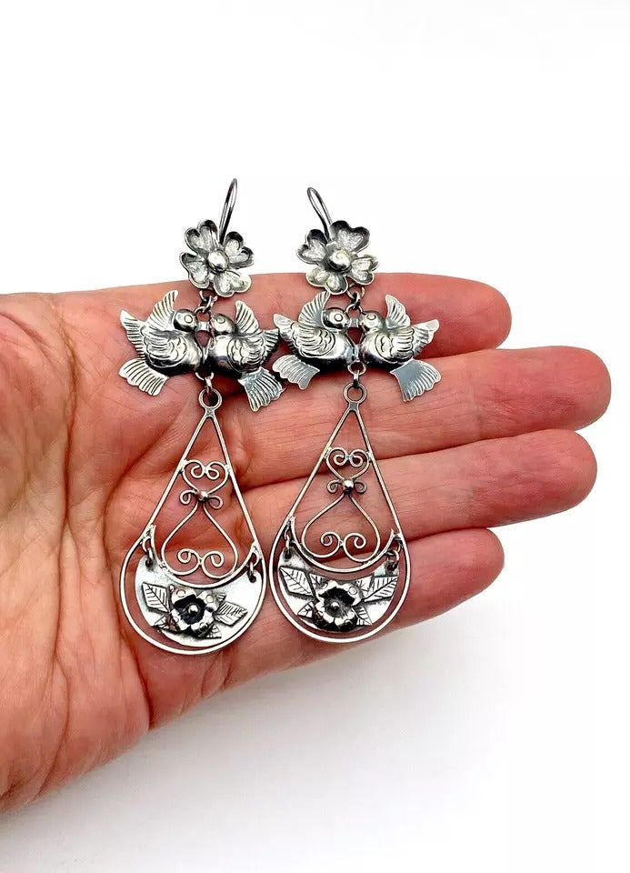 Federico Jimenez Dangle Earrings Sterling Silver "Frida's Doves" Native American