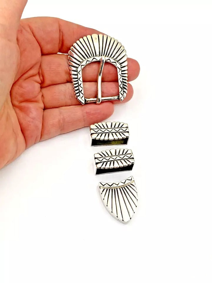 Vintage 4-Piece Sterling Ranger Set Sunburst Stamp Work Southwestern R.D. Moore