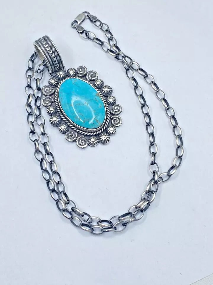 Contemporary Turquoise Pendant Sterling Silver Heavy Gauge Navajo Calladitto