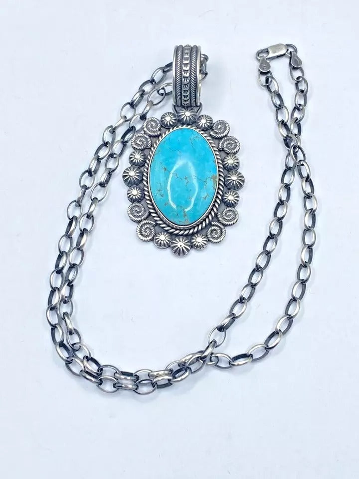 Contemporary Turquoise Pendant Sterling Silver Heavy Gauge Navajo Calladitto