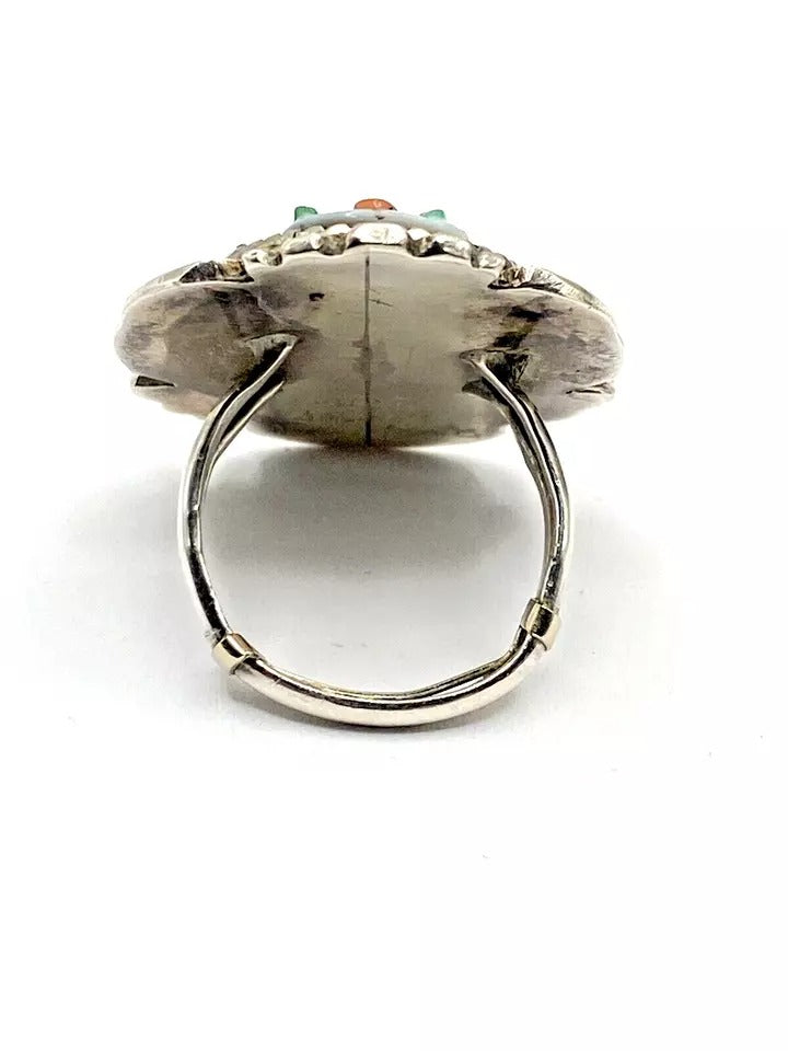 VTG Zuni Sterling Kachina Ring Raised Inlay SZ 8 Turquoise Jet MOP Signed Pinto
