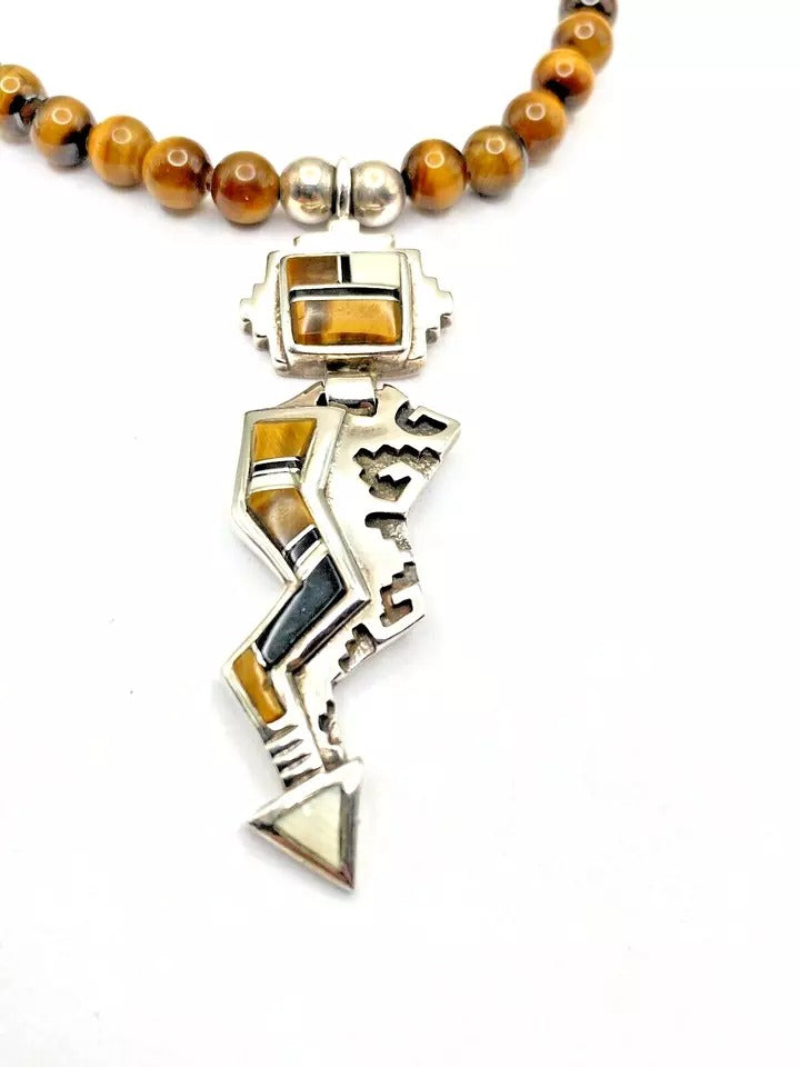 VTG Tiger Eye Bead Necklace 21" Sterling Inlay Kachina Pendant Navajo E. Hoskie