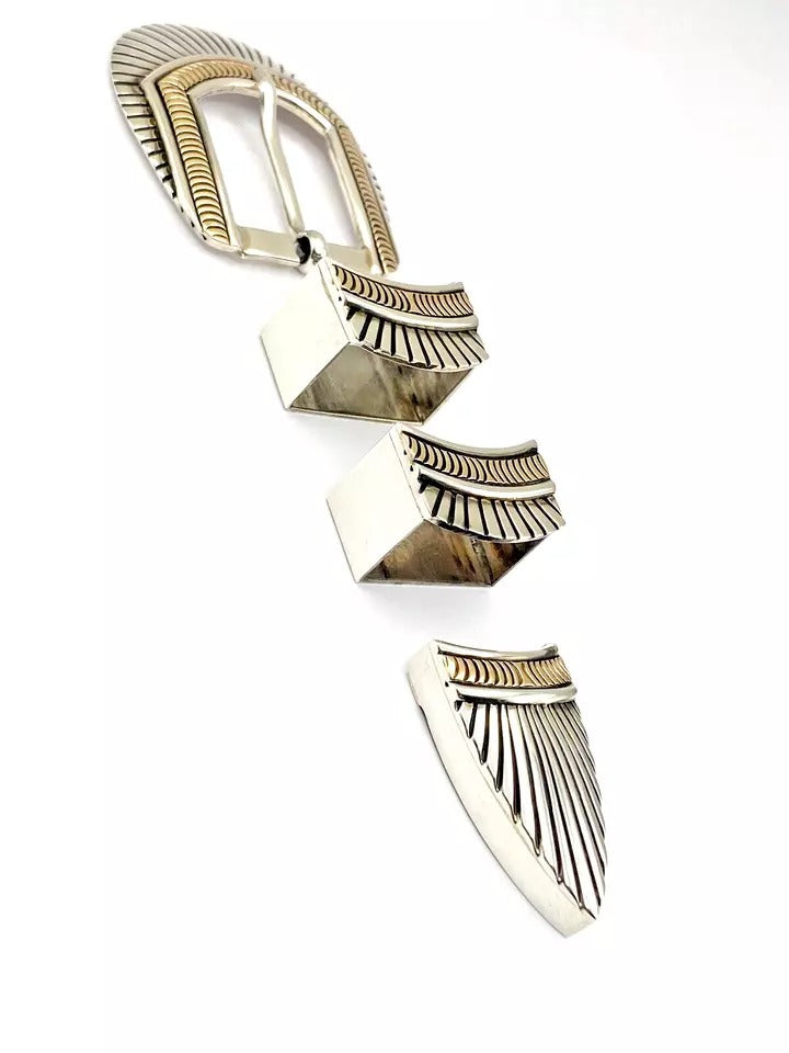 VTG Sterling 4-Piece Ranger Set Belt Buckle 14K Overlay Native American Signed