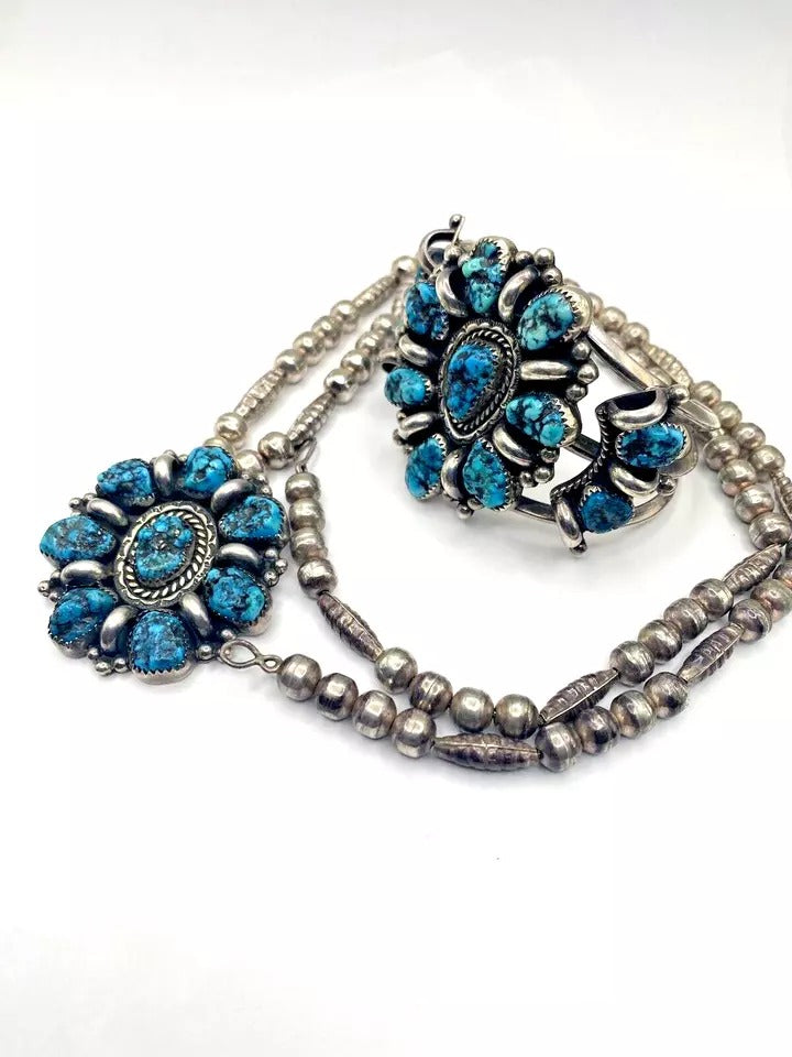 VTG Sterling Kingman Turquoise Nugget Cluster Bracelet Necklace Set Navajo