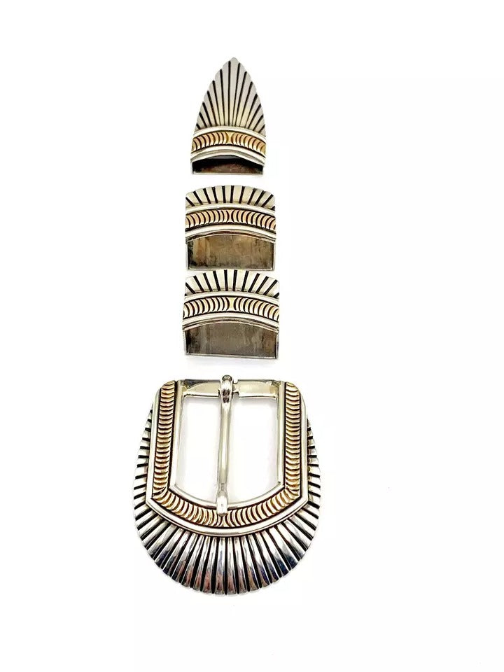 VTG Sterling 4-Piece Ranger Set Belt Buckle 14K Overlay Native American Signed