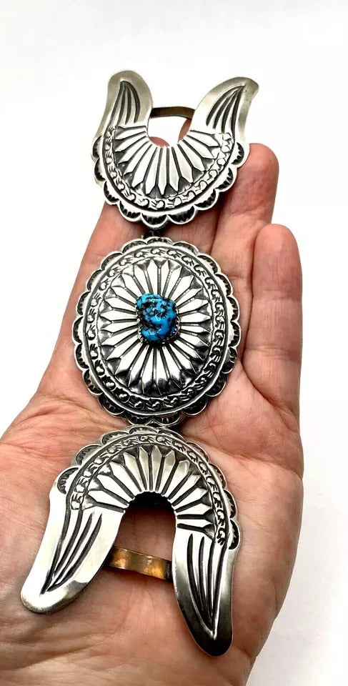 Vintage Retro 3 Piece Belt Buckle Set Sterling Silver Turquoise Navajo Signed