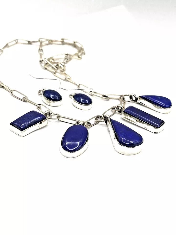 Lapis 5-Pendant Necklace Earring Set Handmade Chain 25" Navajo Native American