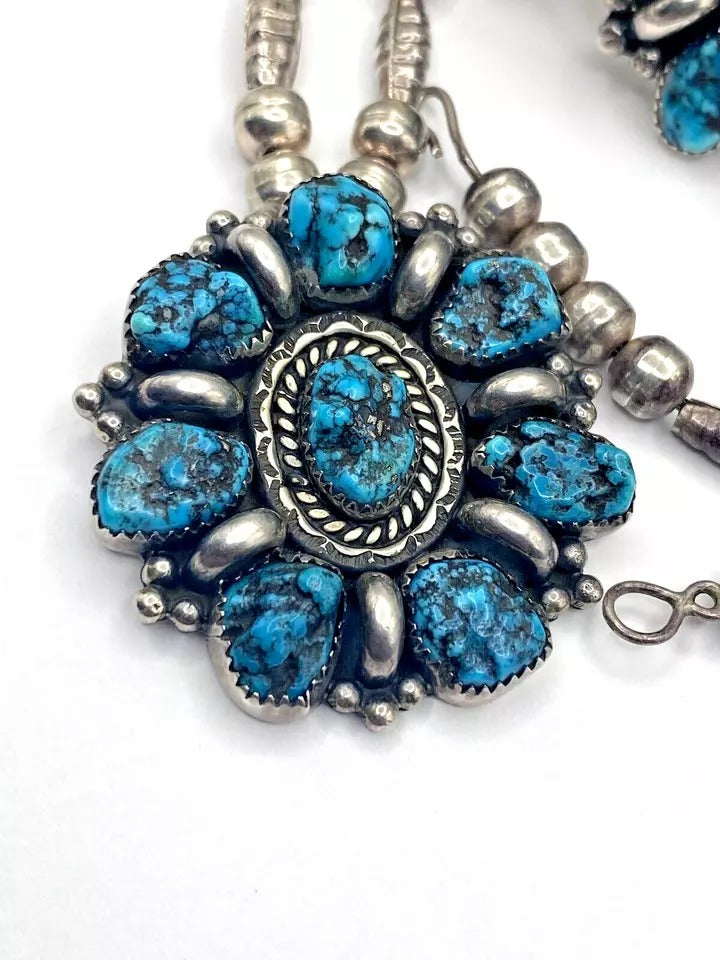 VTG Sterling Kingman Turquoise Nugget Cluster Bracelet Necklace Set Navajo