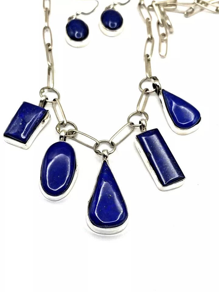 Lapis 5-Pendant Necklace Earring Set Handmade Chain 25" Navajo Native American