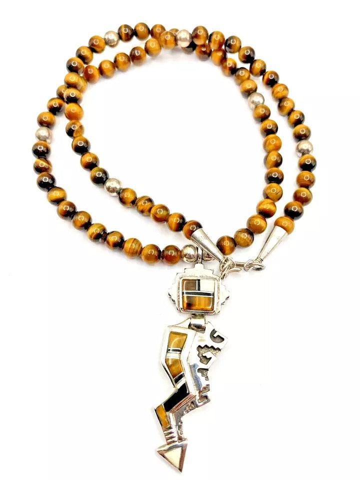 VTG Tiger Eye Bead Necklace 21" Sterling Inlay Kachina Pendant Navajo E. Hoskie