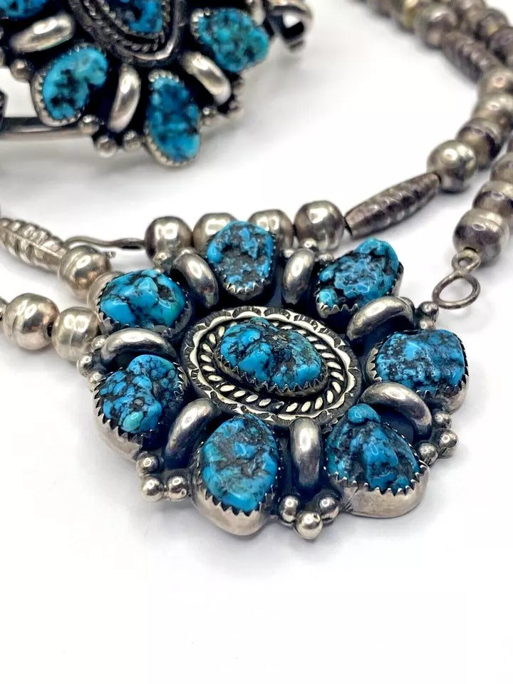 VTG Sterling Kingman Turquoise Nugget Cluster Bracelet Necklace Set Navajo