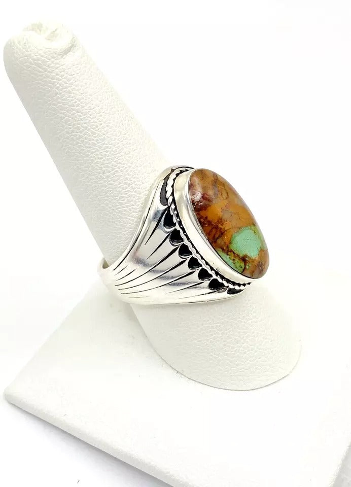 Boulder Ribbon Turquoise Ring Sterling Silver SZ 9.5 Native American Signed