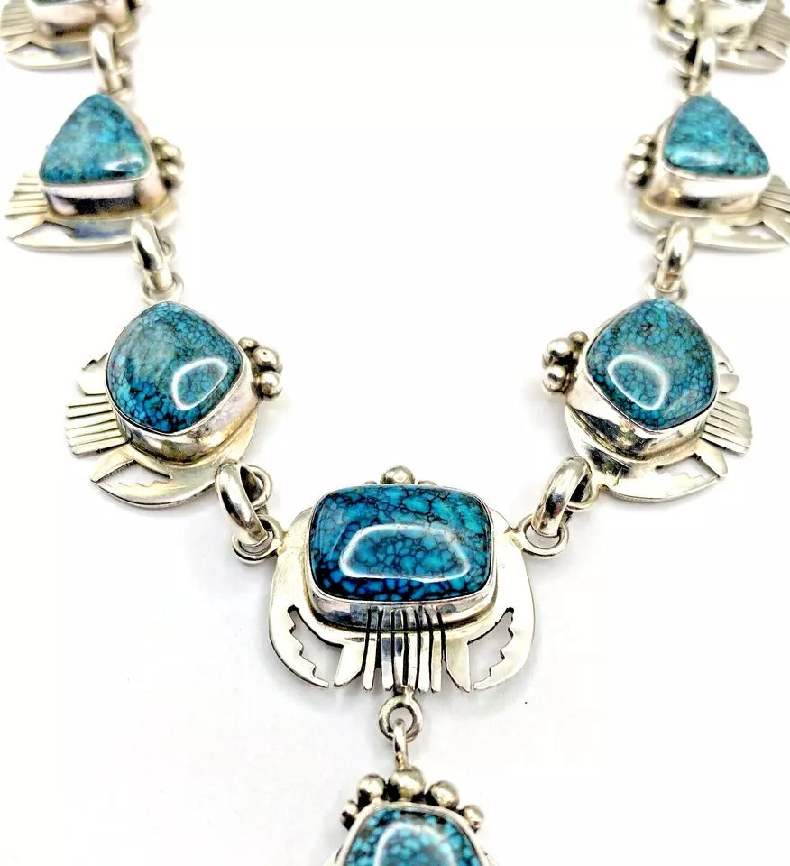 VTG Sterling Spiderweb Turquoise Necklace Ring Earring Set Navajo Lee Bennett