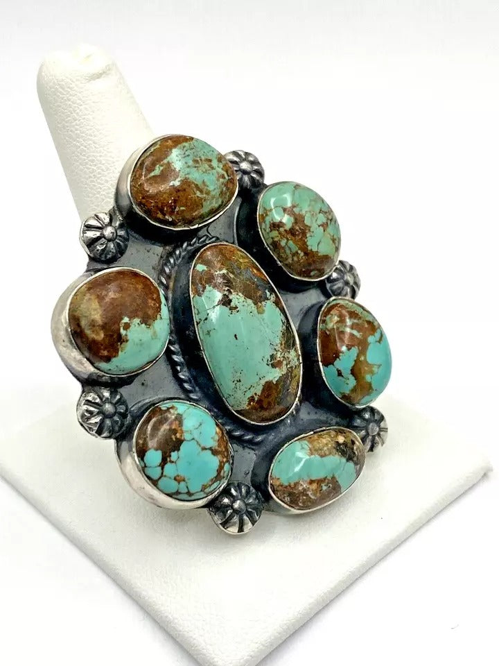 Green Turquoise Sterling Silver Statement Ring SZ 10 Adjustable Native American