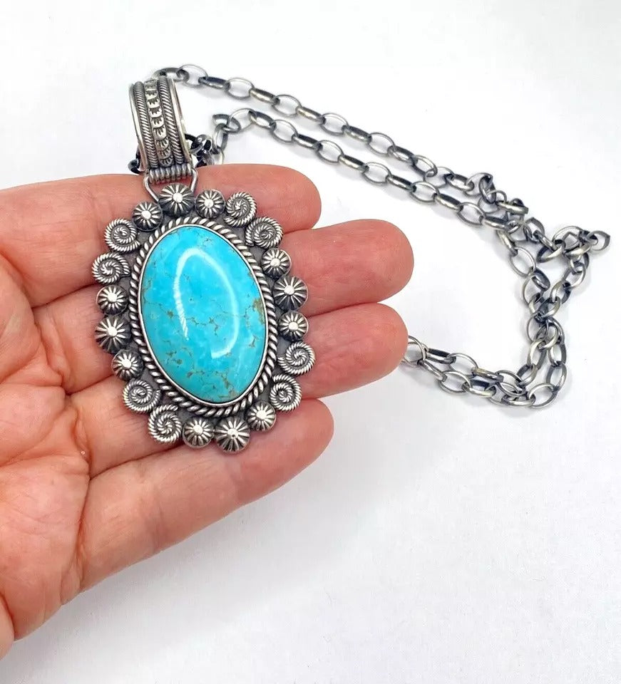 Contemporary Turquoise Pendant Sterling Silver Heavy Gauge Navajo Calladitto