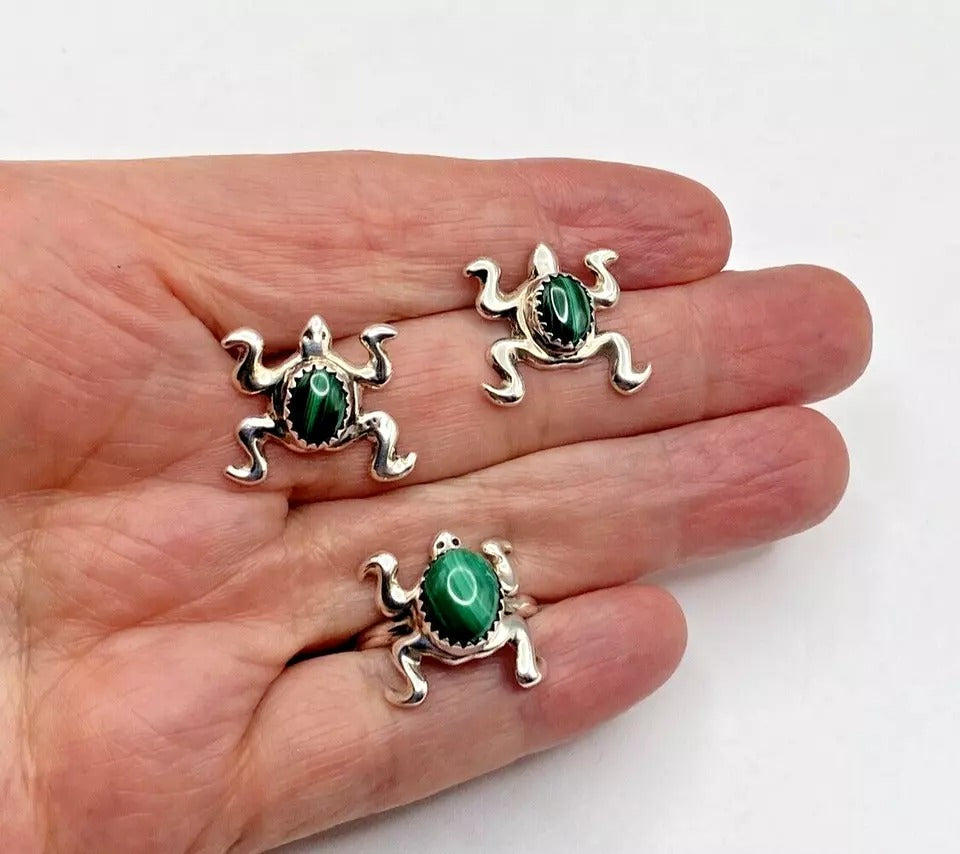 Sterling Silver Malachite Ring Earring Set Frog Figurine SZ 6.5 Native American