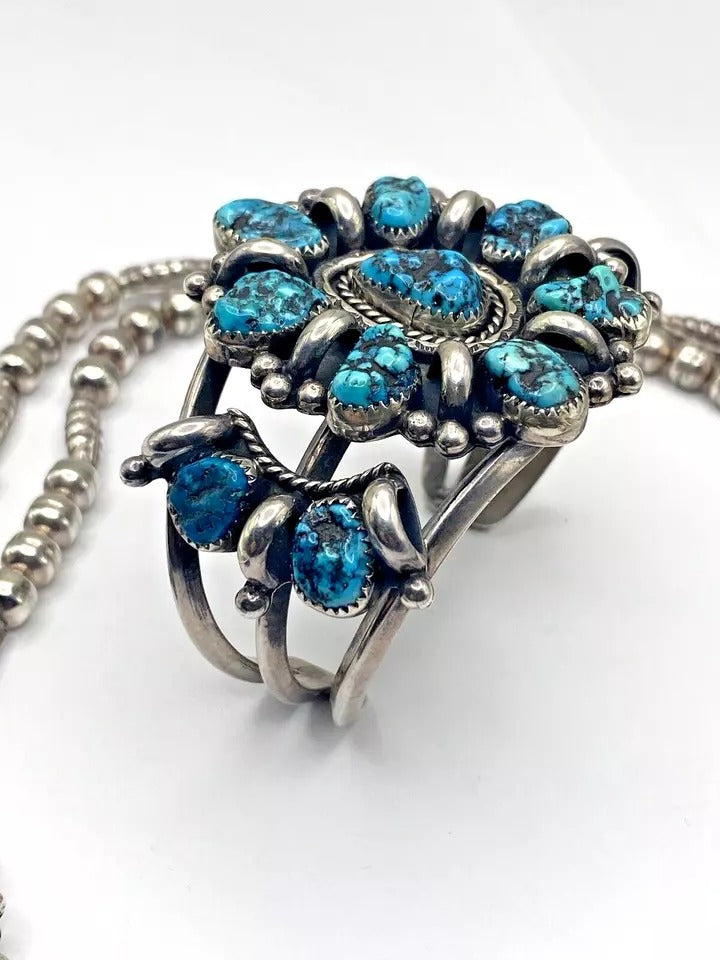 VTG Sterling Kingman Turquoise Nugget Cluster Bracelet Necklace Set Navajo
