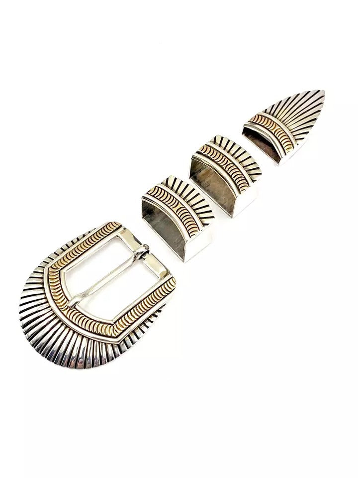 VTG Sterling 4-Piece Ranger Set Belt Buckle 14K Overlay Native American Signed
