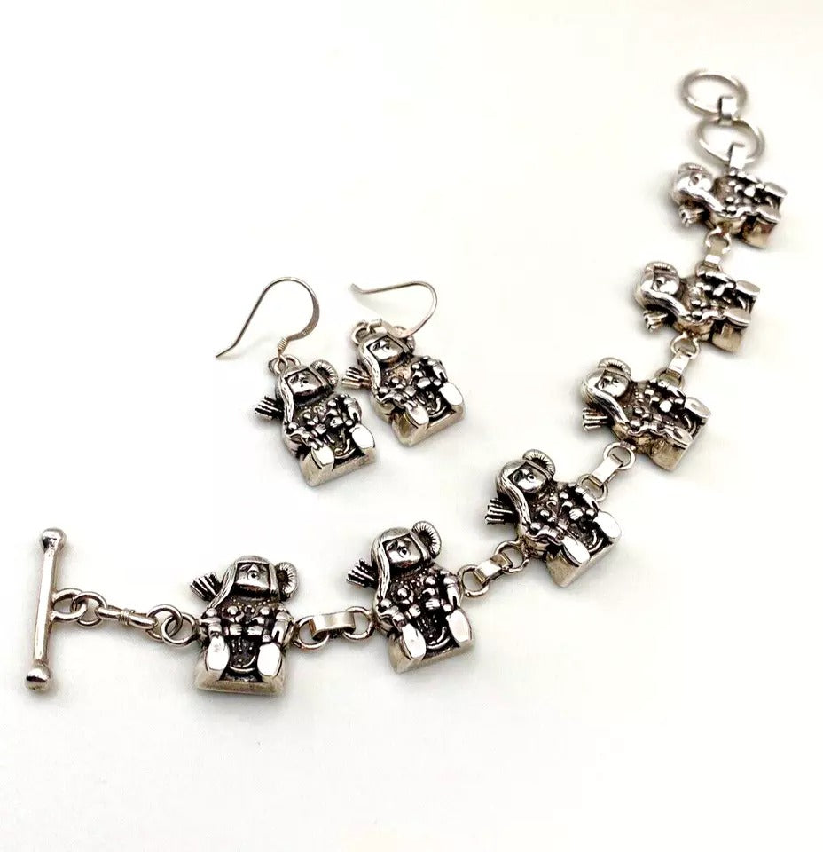 Vintage Storyteller Bracelet Earring Set Sterling Silver Navajo Native American
